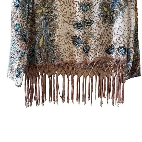 I& N Millenium Bohemian Neutral Multicolor Fringe Keyhole Crewneck SZ L #1290 - Picture 4 of 12